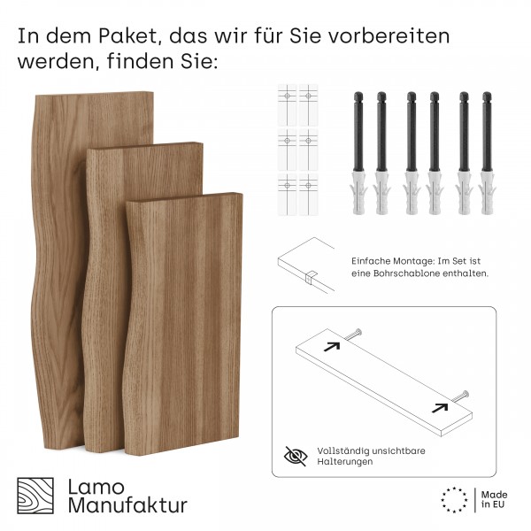 LAMO Manufaktur 3 Stück Wandregal aus Holz mit unsichtbarer Befestigung 42/36/30cm | Wandregal aus 1