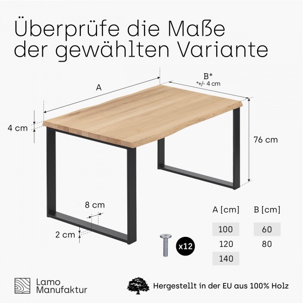 LAMO Manufaktur Schreibtisch Esstisch mit Baumkante 120x80x76 cm