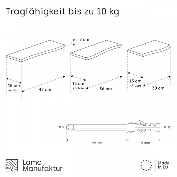 LAMO Manufaktur 3 Stück Wandregal aus Holz mit unsichtbarer Befestigung 42/36/30cm | Wandregal aus 1